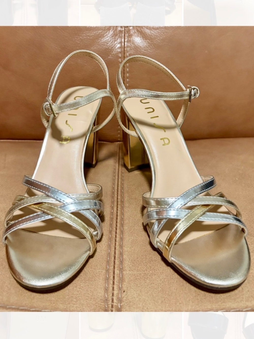 Unisa Silver and Gold Patent Metallic High Heel Dress Sandal